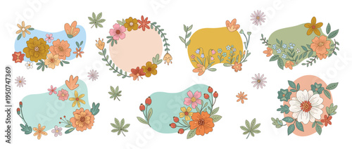 Collection of vintage floral frames and organic blob labels with colorful wildflowers for wedding invitations and greeting cards branding isolated on white background vector illustration