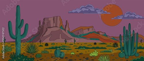 Beautiful flat vector illustration of a wild west desert landscape scenery featuring green saguaro cacti purple rocky mountains and a colorful sunset sky for commercial graphic design use
