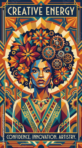 Art deco poster of woman with flowers and gears in afro hairstyle and circular halo