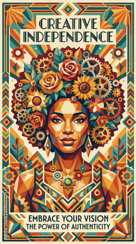 Art deco poster of woman with flowers and gears in afro hairstyle and text panels