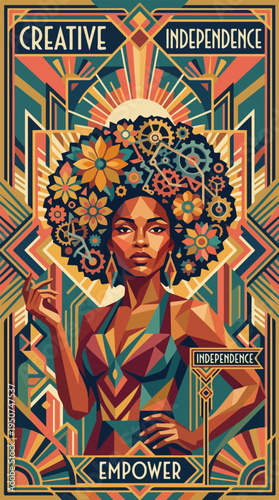 Art deco poster with woman portrait gears flowers and empowerment text