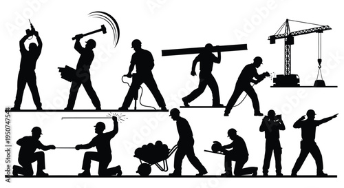 Set of 12 construction worker silhouettes vector