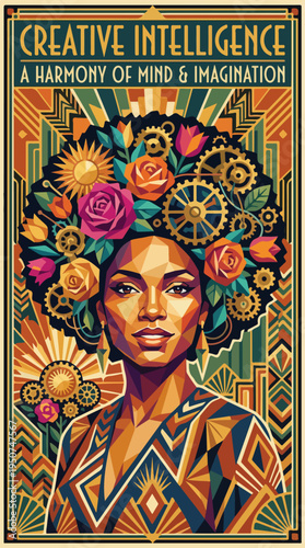 Decorative poster portrait with roses gears sun motifs and creative intelligence text