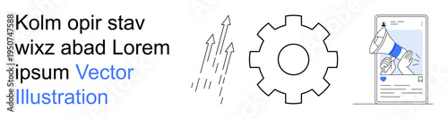 Digital marketing, business strategy, innovation, conceptual design, online promotion, analytics growth. Megaphone icon, upward arrows gear and media interface. Digital marketing and business