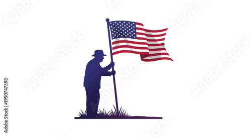 A patriotic illustration of a veteran's silhouette holding the American flag on National Vietnam War Veterans Day with a military service honor concept