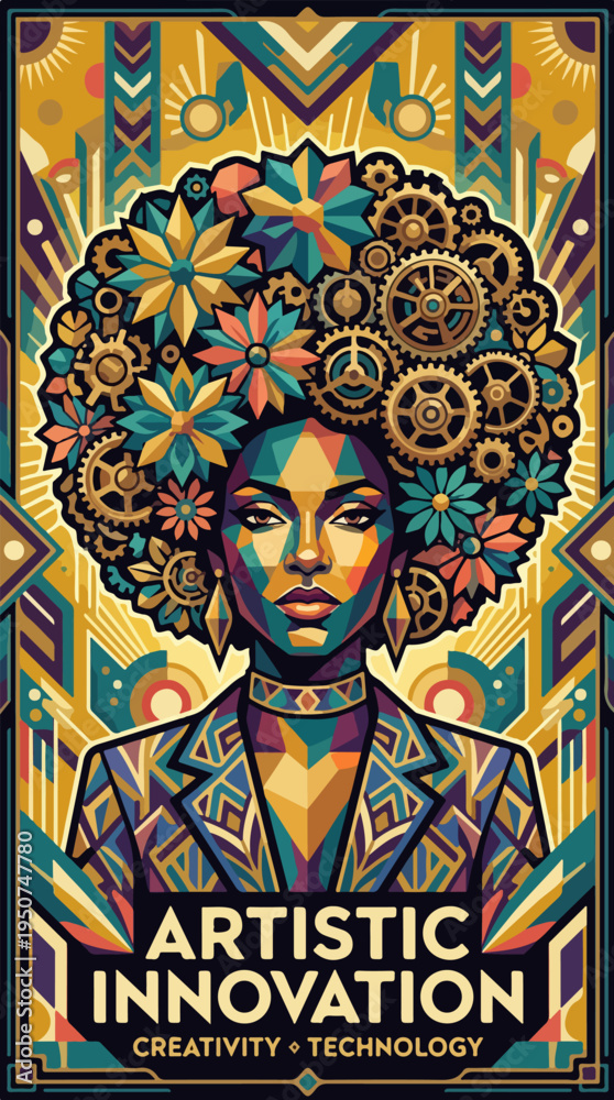 Fototapeta premium Art deco poster woman with floral and gear afro and Artistic Innovation text