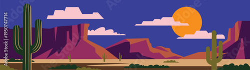 Minimalist flat vector illustration of a beautiful wild west desert landscape with saguaro cacti purple mountains and setting sun for commercial graphic design travel background use