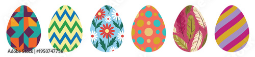 Collection of six colorful patterned Easter eggs with geometric floral and striped designs for spring holiday celebration isolated on white background for professional graphic designers