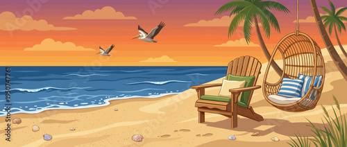Beautiful tropical beach sunset scenery illustration featuring wooden lounge chair hanging wicker seat palm trees and ocean waves for summer vacation and commercial graphic design use