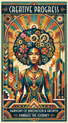 Art deco poster of full length woman with floral gear afro and Creative Progress text