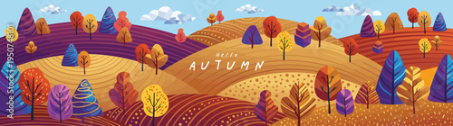 Vibrant Decorative Autumn Landscape Illustration with Colorful Patterned Rolling Hills and Forest Trees Featuring Hello Autumn Typography for Professional Seasonal Marketing Banner Background
