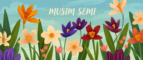 Beautiful Horizontal Spring Greeting Banner Illustration Featuring Vibrant Colorful Blooming Crocus Flowers and Green Leaves with Musim Semi Typography for Professional Marketing Backgrounds