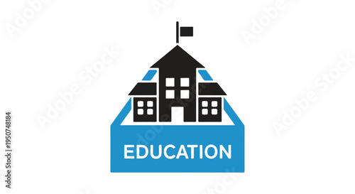 Flat design illustration of a school building with a flag on top and the word 'EDUCATION' on a blue banner below, against a white background.
