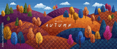 Beautiful Vibrant Decorative Autumn Landscape Illustration with Colorful Patterned Rolling Hills and Forest Trees Featuring Hello Autumn Typography for Seasonal Marketing Banner Backgrounds