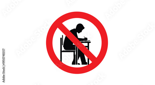 A prohibition sign featuring a silhouette of a person sitting at a desk with a red circle and diagonal line overlaid on it, against a clean white background.