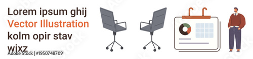 Workplace planning, office meetings, organizational strategy, time management, business sessions, corporate events. Two office chairs, a calendar with charts and a professional person. Workplace