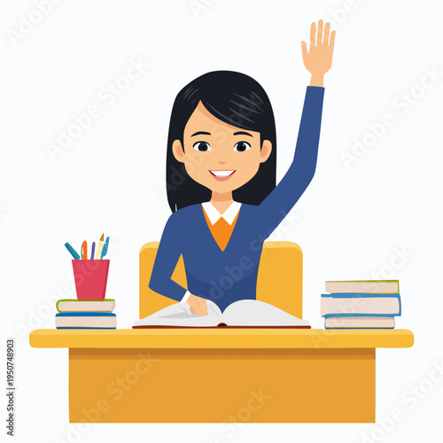 Smiling student girl raising hand at a desk