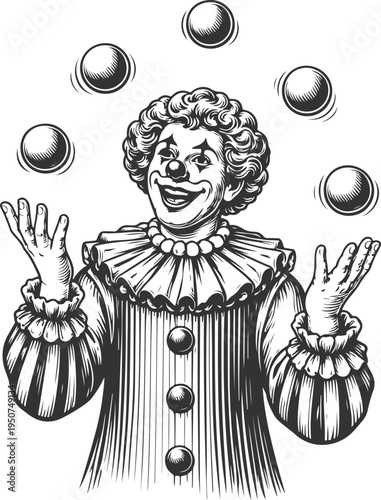 Clown juggling balls vintage engraving circus illustration