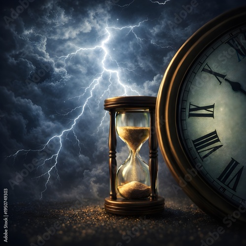 Vintage Hourglass and Roman Numeral Clock Against a Dramatic Stormy Sky with Lightning Bolt, Concept of Time Running Out, Deadline, Urgency, and Eternal Passage of Time