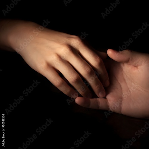 Close-up of Two Hands Gently Touching and Holding Each Other in Dramatic Low Light on Dark Background, Concept of Support, Love, Connection, Sympathy, and Human Relationship