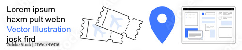 Event management, navigation, digital marketing, web development, online booking, business tools. Two tickets, a blue location pin and a web page layout. Event management and navigation concepts