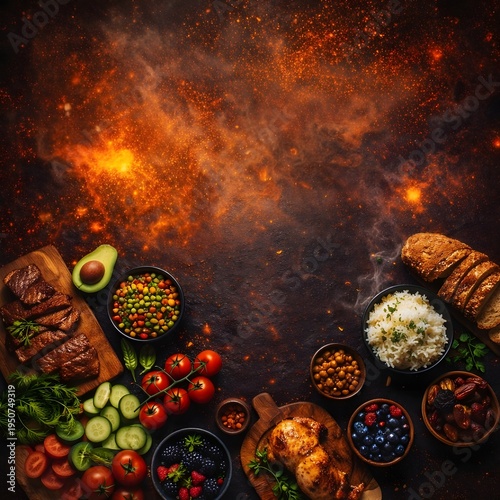 Top View of Iftar Dinner Table with Grilled Meat, Roasted Chicken, Rice, Vegetables, and Dates on Dark Background with Glowing Golden Sparkles, Healthy Halal Food for Ramadan Celebration