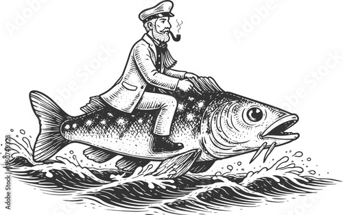 Man riding fish vintage engraving surreal sea illustration