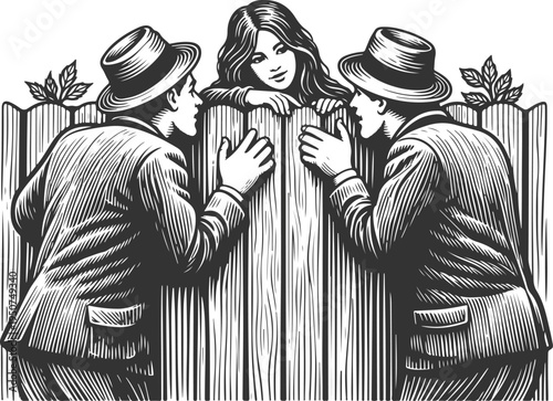 Two men gossiping over fence with woman vintage engraving illustration