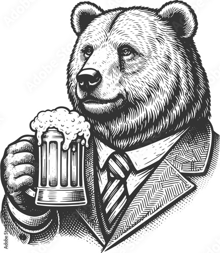 Bear drinking beer vintage engraving animal illustration