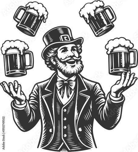 Man juggling beer mugs vintage engraving Oktoberfest illustration
