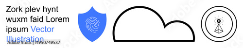 Data security, cloud technology, encryption, cybersecurity, authentication, online storage. Blue shield with fingerprint, cloud outline circular symbol with eye and geometric design. Data security