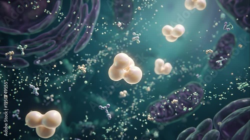 A cinematic molecular environment where LEPTIN HORMONE particles drift through a soft cellular landscape