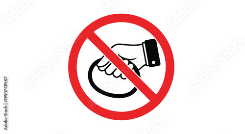 Flat design illustration of a handshake with a red prohibition symbol on a white background.