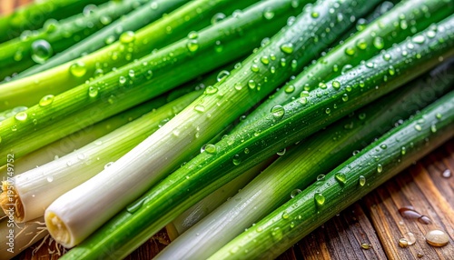 木製テーブルに置かれたねぎのクローズアップと鮮やかな緑と白のコントラスト