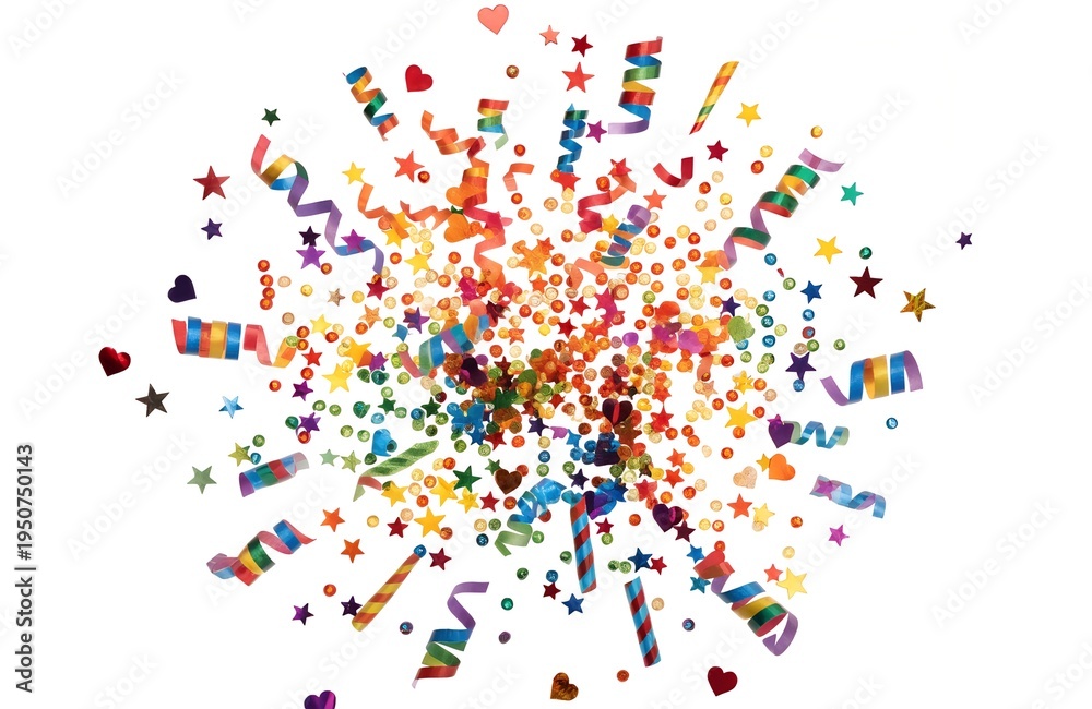 Fototapeta premium Colorful rainbow confetti explosion isolated on white background, scattered shapes mid-air with dynamic motion and wide copy space.