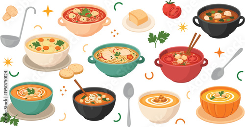 Flat vector illustration set of various delicious soups in bowls featuring tomato cream, vegetable broth, noodles, and pumpkin soup.