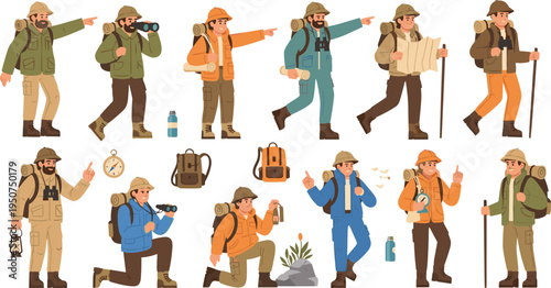 Flat vector illustration set of male explorers and hikers with backpacks, maps, binoculars, and trekking gear for outdoor adventures.
