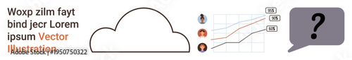 Data visualization, cloud technology, human interaction, analysis, information sharing, communication. Visual includes a cloud, user profile icons a graph and a question mark. Data visualization