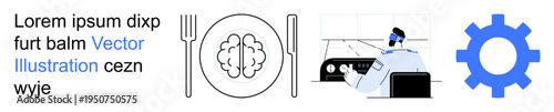 Innovation, science, decision-making, culinary creativity, technology, progress. Imagery shows a brain on a plate, a worker at a control panel and a gear icon. Innovation and science concepts