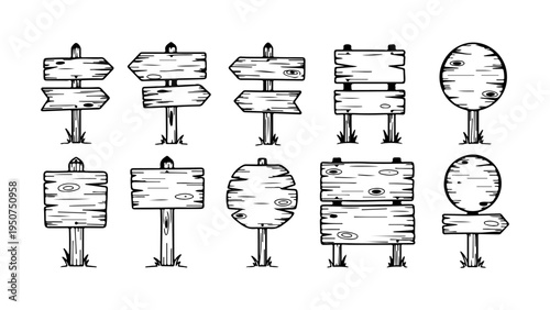 Large set of hand drawn wooden signboards and directional arrow signs, black and white line art doodle style, blank wooden planks on posts with grass isolated on white background