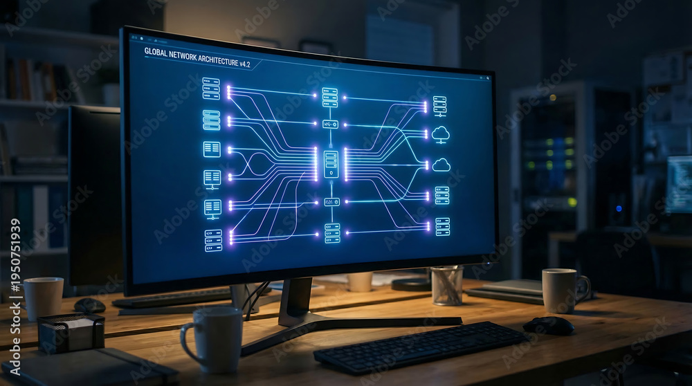 Naklejka premium Digital Network Architecture Diagram Displayed on a Large Computer Monitor Showing Connections and Data Flow
