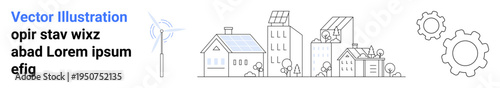 Renewable energy, sustainability, eco-friendly cities, green technology, environmental conservation, urban development. Line art a wind turbine, houses and solar panels. Renewable energy