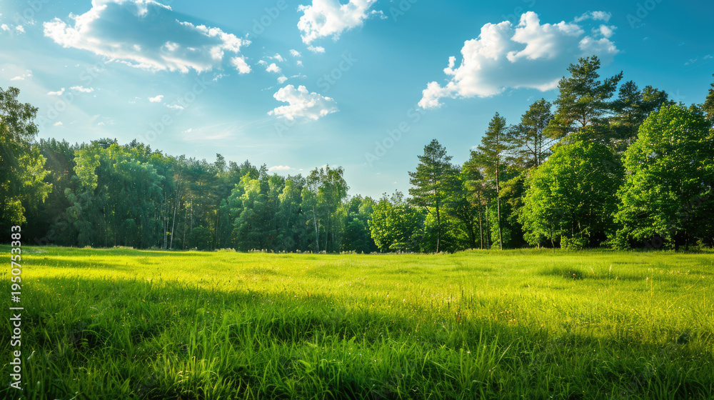 Obraz premium Panoramic view of lush green field and bright blue sky on a sunny day. Natural countryside landscape with fresh grass, trees and mountains in the background. Ideal for environmental, organic farming, 