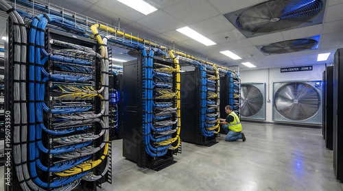 Technician managing organized cables and server racks in a modern data center environment