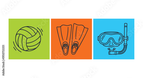 Set of 3 sports icons vector, volleyball, flippers, snorkeling gear