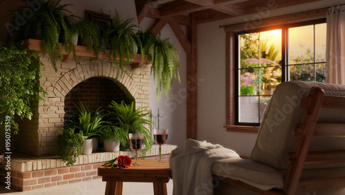 Cozy rustic living room with brick fireplace green plants wooden beams and sunny window view for comfortable home interior design concept