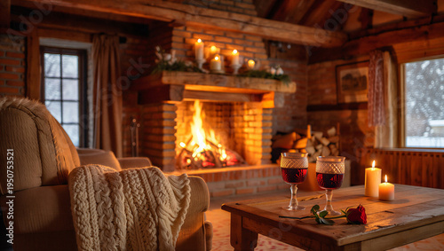Cozy rustic cabin interior with warm glowing fireplace comfortable seating and candles creating inviting hygge atmosphere