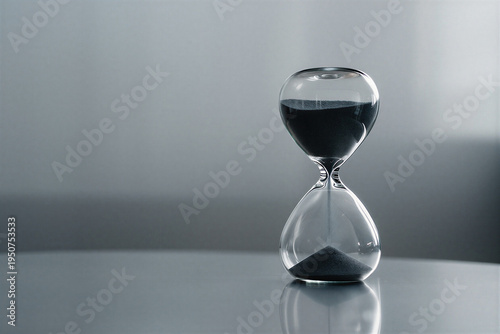 Modern hourglass with black sand on reflective gray surface showing time passing for minimalist business concept