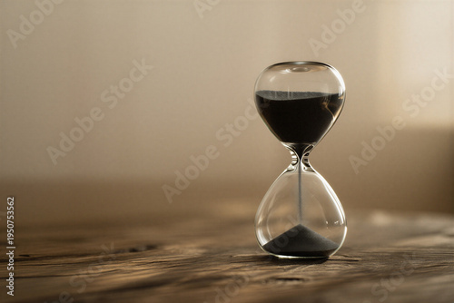 Hourglass with black sand on wooden surface with warm soft lighting for time and patience concept