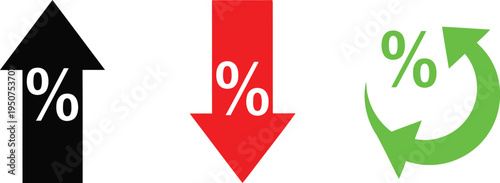 Three graphical icons representing percentage trends featuring an upward arrow down arrow and cycle Vector